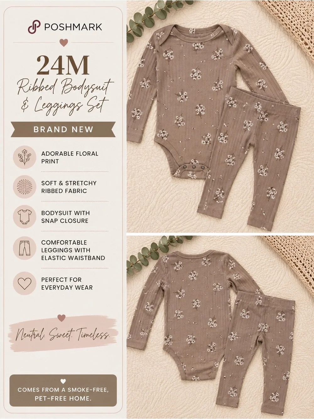 24M Ribbed Floral Bodysuit & Leggings Set - Brown Floral